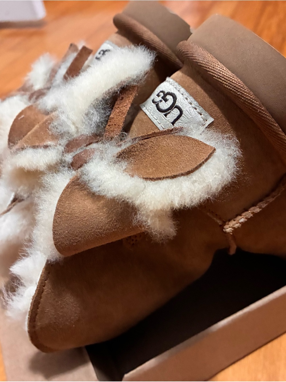 UGG Chestnut Suede Mini Boots with Shearling Bow Detail - Chestnut - Picture 4 of 16